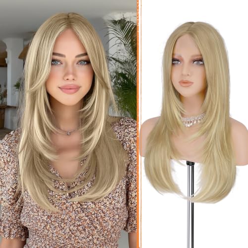 Haloo Blonde Wig with Curtain Bangs - Lace Front Hairline Middle Part Long Layered Natural Looking Straight Synthetic Hair Wigs for Women Daily Party, 24 Inch Dirty Blonde