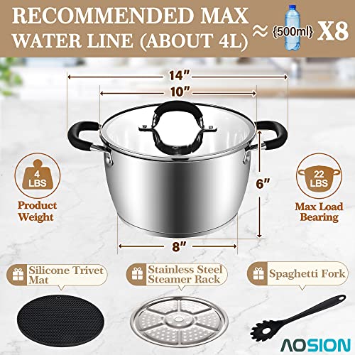 Aosion 6 Quart Stainless Steel Stockpot, All-In-One 6Qt Stock Pot, Soup Pasta Pot With Lid, Cooking Pot, Induction Pot, Sauce Pot Compatible With All Stoves, Heat-Proof Double Handles, Dishwasher Safe #TOP3