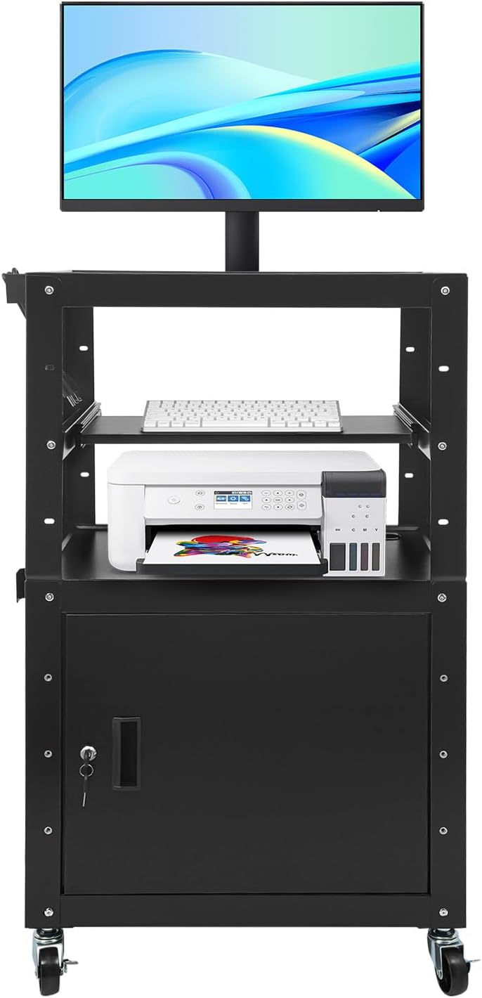 Projector Cart AV Cart with Power Strip, Rolling Media Cart with Wheel, Pullout Tray, Storage Cabinet, 31.5" to 43" Height Adjustable Heavy Duty Computer Workstation for Laptop Projector Printer Black
