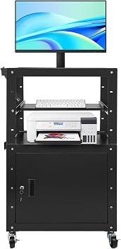 AV Cart, Rolling Projector Utility Cart 31.5-43Inch Height Adjustment Mobile Storage Cart with Locking Cabinet, Keyboard Tray & Power Strip, Carbon Steel AV Presentation Stand