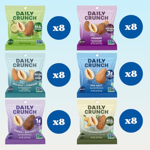 Image of Daily Crunch Sprouted Almonds, Mini Variety Pack, 48 Pack 0.5 oz Bags | Uniquely Crunchy. Non-GMO Certified, Seed & Palm Oil Free, Dairy Free. 6 flavors, 2-3g Plant Based Protein. Women Founded.