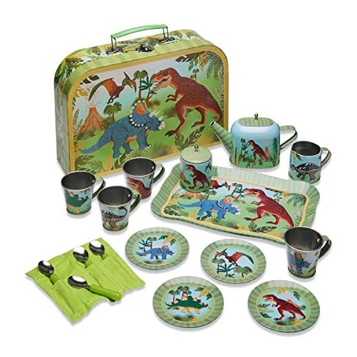 Wobbly Jelly 'Stomping Dinosaur' Metal Café Set & Carry Case Toy (14 Piece Tea Set for Children)