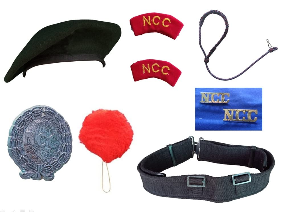 REGALIA Uniform Accessories (Green Beret, Red Pom-Pom, Red Arm Label, Cotton Belt, Lanyard, NCC Shoulder Brass Badge & Monogram) for National Cadet Corps, SET