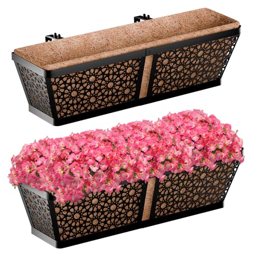 ZeeDix Railing Planter Boxes 24 Inch Window Flower Box Planters with Coco Liner & Adjustable Brackets for Deck Porch Fence Patio Balcony Gardening Outdoor Plants (2 Pack)