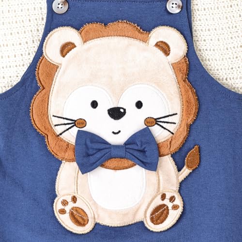Image of Baby Boy Clothes Striped Romper Cartoon Overall Set 0-18M | Soft Breathable Cotton Romper And Animal Cartoon Overall Shorts Set Offering All-Day Comfort, Daily Wear, Machine Washable