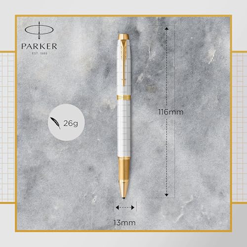Image of Parker IM Rollerball Pen | Premium Pearl Lacquer with Gold Trim | Fine Nib with Black Ink Refill | Gift Box