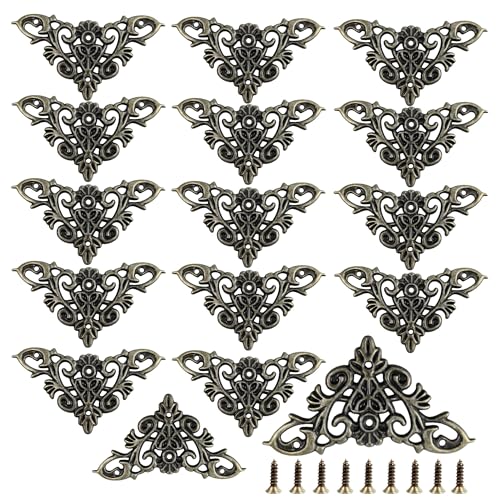 Image of 16PCS Antique Bronze Decorative Corner Protectors, 1.9 inch x 1.3 inch Metal Furniture Edge Cover Guards, Vintage Embossed Pattern, for Cabinet, Jewelry Box, Photo Frame