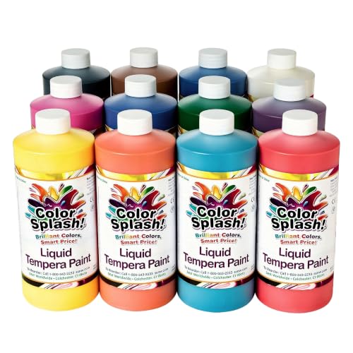 S&S Worldwide Color Splash! Liquid Tempera Bulk Paint, Set of 12 in 11 Bright Colors, 32-oz Easy-Pour Bottles, Great for Arts & Crafts, School, Classroom, Poster Paint, For Kids & Adults, Non-Toxic.