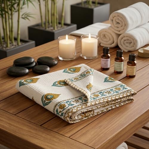 Image of Mafatlal Madhuban Premium Waffle Cotton Bath Towel (147x76 cm) | 250 GSM | Soft, Quick Dry, Lightweight & Super Absorbent | Thai Curry Color