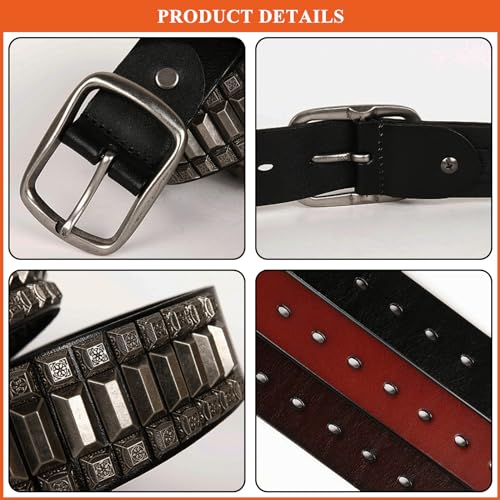 Genuine Leather Belts for Women Men, Punk Studded Solid Color Waist Strap Cowgirl Cowboy Vintage Belt for Pants2
