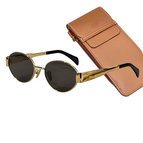 Round Metal Sunglasses, Gold Frame with Black Lenses, Leather Case
