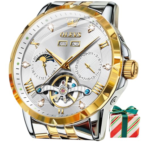 Image of OLEVS Mens Automatic Watch Luxury Dress Diamond Self Winding Skeleton Tourbillon Gold Stainless Steel Original Watches for Men
