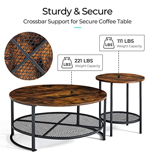Linsy Home Round Coffee Table And End Table Set For Living Room, Industrial Coffee Table With Open Storage, Rustic Wood Surface Top & Sturdy Metal Legs Large Circle Coffee Table, Brown And Black #TOP5