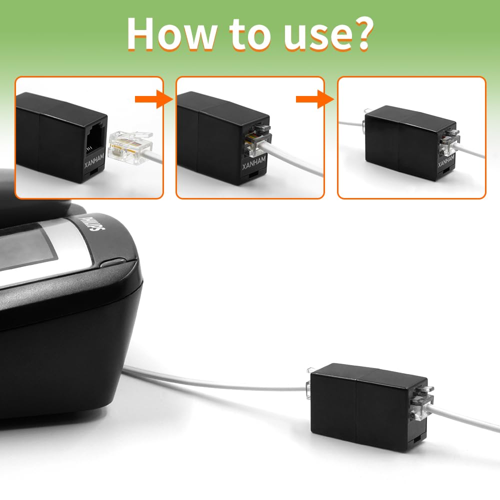 RJ11-Koppler (2 Stück) Telefonleitungskabelverbinder 6P4C Adapter gerade Verbindung Buchse auf Buchse für Telefonkabelverlängerung, schwarz, AV01103