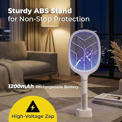Image of 2 in 1 Mosquito Killer Racket with UV Light | Manual & Auto Kill Modes | Rechargeable Lithium Battery | Type-C USB Charging | Electric Mosquito Bat with Base Stand (White)
