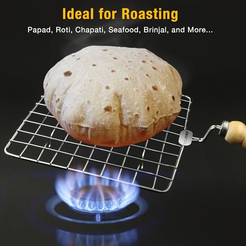 KSJONE رف شواء متعدد الوظائف من الستانلس ستيل بتصميم سلكي للتبريد والبخار والخبز مع رف شواء شبكي مربع الشكل/شبكة شواء باباد جالي/شبكة شواء روتي بتصميم دائري مزود بمقبض خشبي