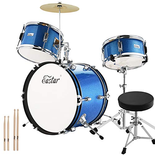 Eastar Kids Drum Set 16 Inch 3-Piece, Junior Drum Set Kit With Throne, Cymbal, Pedal & Drumsticks,Metallic Blue (Eds-280Bu) #TOP7