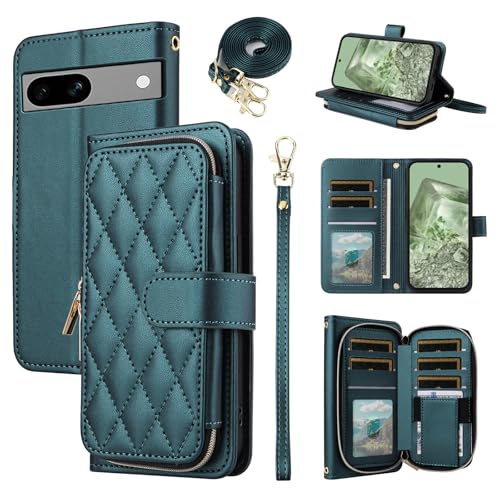 ELISORLI Wallet Case for Google Pixel 7A 5G 2023 with Detachable Wrist Strap,Crossbody Shoulder Strap,9+ Card Slots Zipper Purse, Luxury PU Leather Stand Cell Phone Cover for Pixel7A A7 Women Green