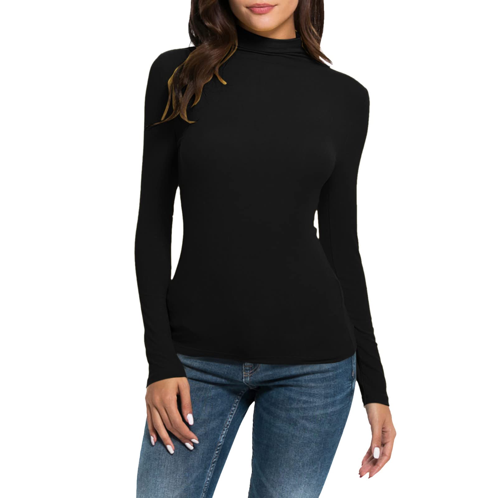 Dames Casual Solide Lange Mouwen Mock Coltrui Blouse Tops Slim Fit Stretchy Layer T-shirts Lange Ketting Rood, roze, XL