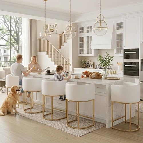 Image of HNY Modern Barrel Counter Height Gold Bar Stools Set of 3, 24 Inch Kitchen Bar Stools with Back, PU Leather Barstools Bar Height for Island with Golden Metal Tubular Frame, White