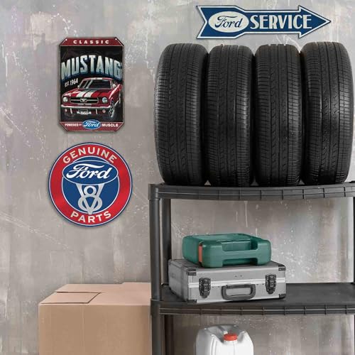 Image of Ford Genuine Parts V8 Round Embossed Metal Sign - Vintage Ford Sign for Garage or Man Cave
