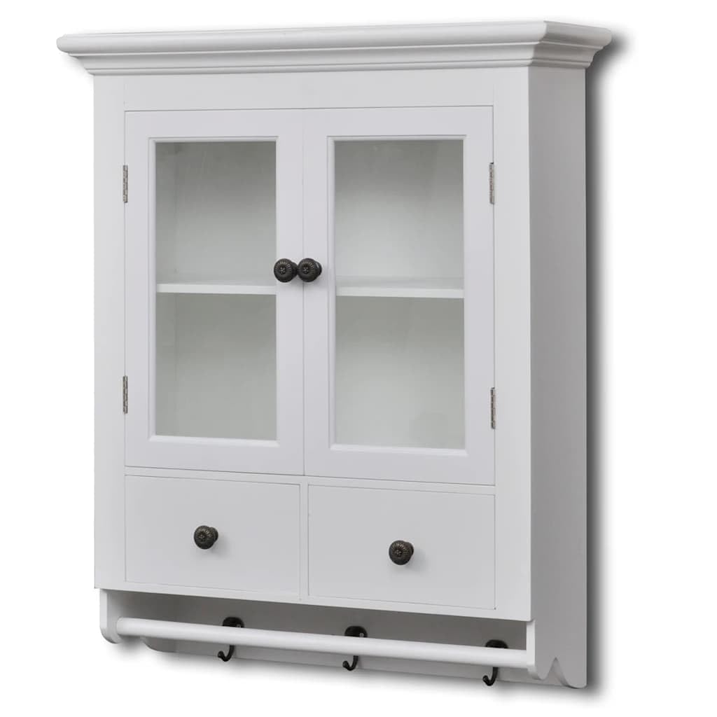 Armadietto da cucina sospeso con anta in vetro in legno bianco, 59 x 22,5 x 74 cm, 2 cassetti, 2 ripiani, spazio per stoviglie, posate, alimenti, con ganci, per cucina e magazzino