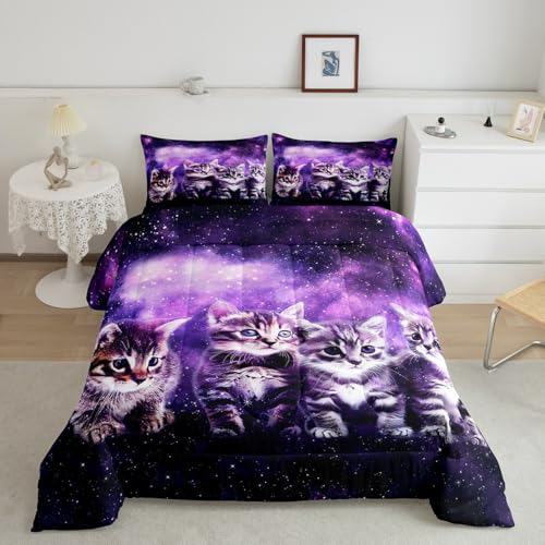 Feelyou Cat Comforter Cute Pet Cats Pattern Bedding Set Outer Space Kawaii Kitten Comforter Set for Children Kids Boys Girls 3D Animal Theme Galaxy Duvet Set Room Decor Quilt Set Toddler Size