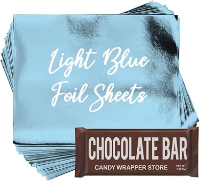 Light Blue Shiny Candy Bar Wrapper Foil Sheets for over wrapping chocolate bars - 40 Sheets