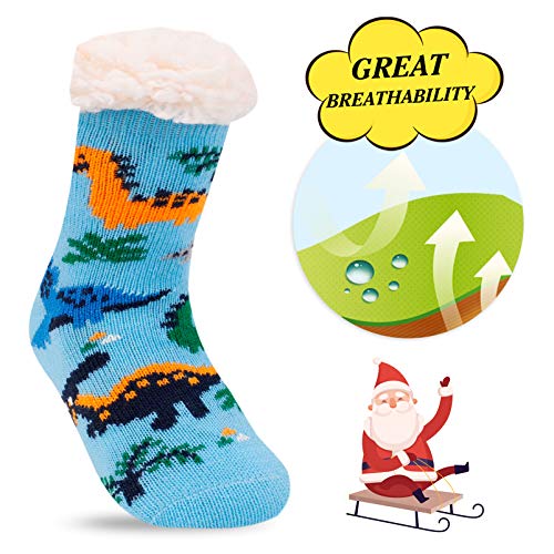 Winter Fuzzy Slipper Socks Kids Girls Boys Fluffy Sherpa Fleece Lined Holiday Christmas Cabin Thermal Warm Soft Cozy Toddler Gripper Non Skid Dinosaur, Stocking Stuffers For Children, Gift For Baby #TOP4