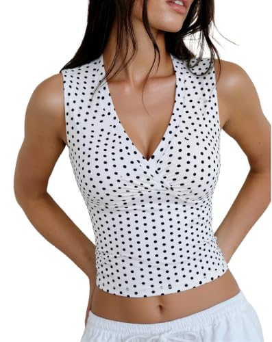 Image of SUUKSESS Women Built in Bra V Neck Tank Tops Double Lined Summer Going Out Camisole Tops