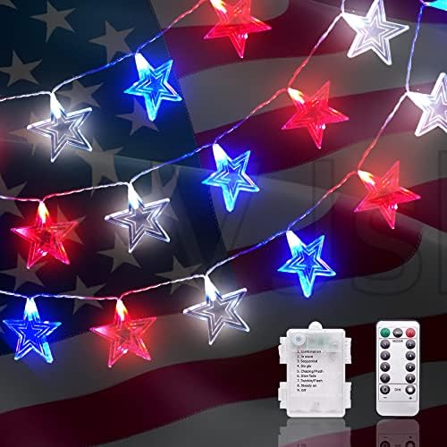 Dirnun 4th of July Decorations Red White and Blue Lights with 40Led Big Stars, Battery Operated Independence Day Lights for Indoor Outdoor Home Garden Patriotic Theme Memorial Day Decorations
