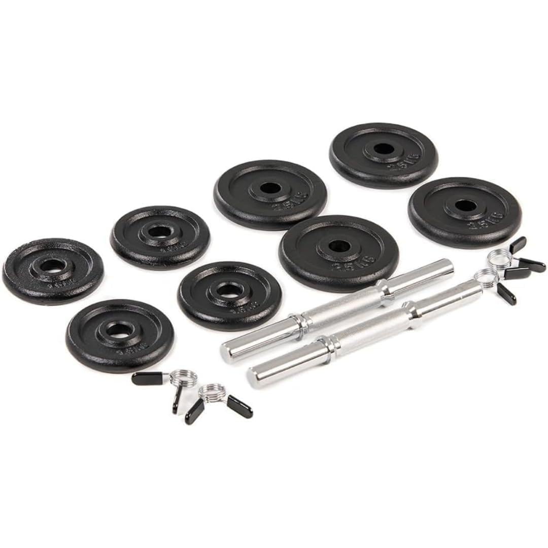 EVERGY Set Mancuernas Ajustables para Gimnasio en Casa 20 kg – 2 mancuernas con discos intercambiables (2 a 10 kg c/u), barras acero 35 cm, mango 28 mm, 4 cierres