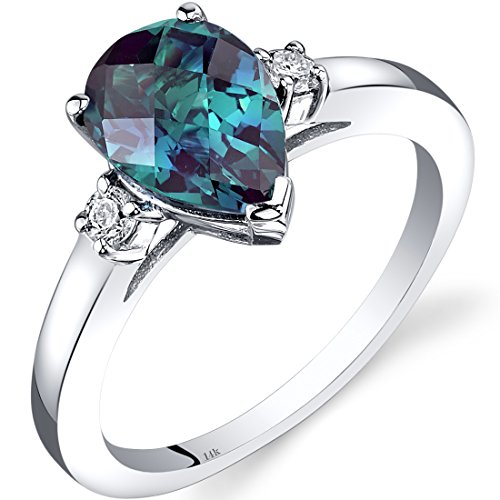Peora Created Alexandrite And Genuine Diamond Ring For Women 14K White Gold, Color-Changing Teardrop Solitaire, 2.25 Carats Pear Shape 10X7Mm, Size 7 #TOP6