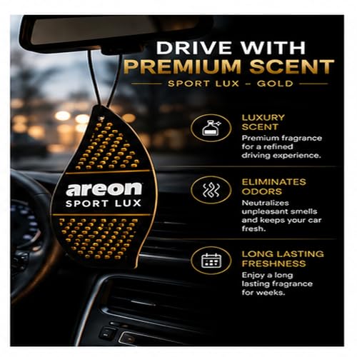 Image of AREON Sport Lux GOLD - Hanging Cardboard Air Freshener for Car, Home & Office - Premium Cologne Perfume with Natural Fragrances - Long Lasting, Fresh, Luxurious Scent - Stylish Design, Pack of 3