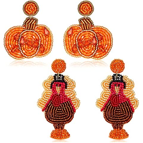 Thanksgiving Fall Earrings for Women Beaded Maple Leaf Pumpkin Turkey Earrings Handmade Gobble Drop Dangle Earrings Autumn Fall Gifts Holiday Party Accessory (Style C) Cover