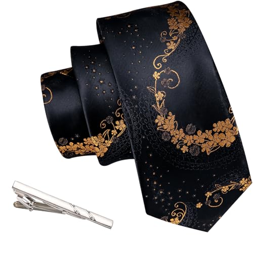 Image of Barry.Wang Floral Ties for Men Flower Necktie with Tie Clip Formal