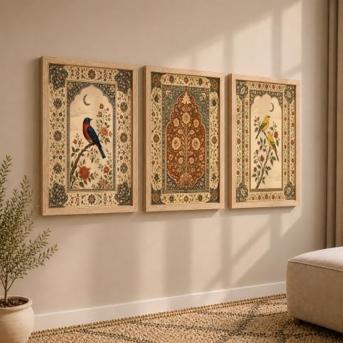 Image of NoWorries Bird Floral Wall Art Set of 3 Framed Prints | Indian Traditional Botanical Painting, Vintage Rajasthani Bird Poster, Royal Ethnic Wall Decor for Living Room Bedroom Home (Synthetic Engineered Wooden Frame) (MIN -4, 21x31 inches)
