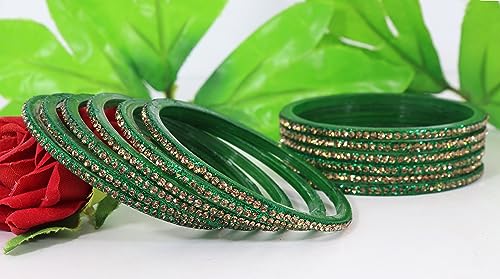 Image of NMII Glass with Zircon Gemstone and Beads Studdded Glossy Finished Traditional Bangle Set For Women and Girls