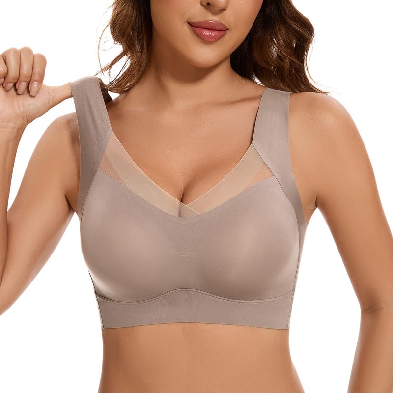 Jiuday Nahtloser BH ohne Bügel Große Brüste Starker Halt Spitze Sport BH Bustier Damen Gepolstert Soft Comfit Bügelloser Push Up BHS Haltungskorrektur Bra Seamless Bralette (Glatte Kaffee,3XL)