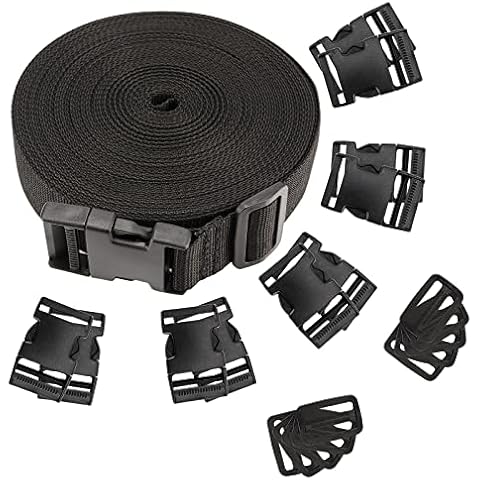 ZEONHEI 16 Yards Nylon Webbing Strap, Heavy Webbing Strap with 11 Sets Flat Side Release Buckles and Tri-Glide Slides, 1.5 Inch Wide Backpack Strap Luggage Strap for DIY, Craft, Cargo Strapping, Black Cover