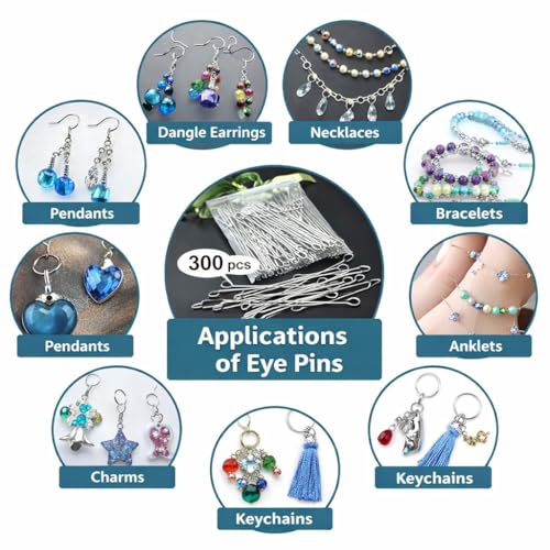 Image of Tia Crafts Eye Pins for Jewellery Making, Earrings & DIY Crafts | Metal Eye Pins with Loop for Beads & Charms | Pack of 300-150 Gold, 150 Silver (Gold & Silver Mix)