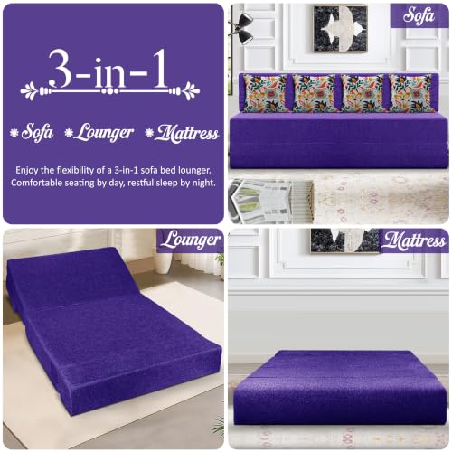 Image of Los Angeles Foldable Four Seater Sofa Cum Bed, Sofa Bed 6 X 6 Feet Jute Fabric Washable Cover- Including Cushion Perfect for Living Room - Purple
