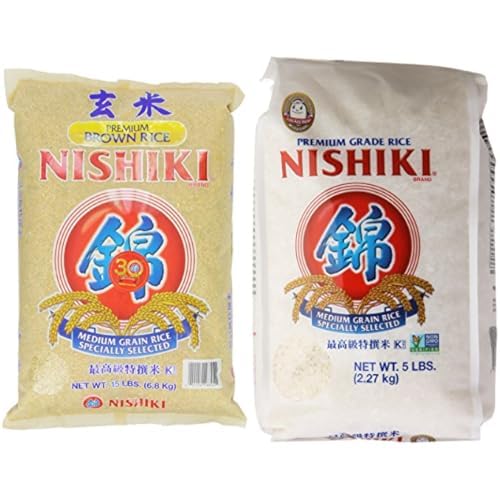 Nishiki Premium Brown Rice 15-Pounds Bag & Medium Grain Rice 80 Ounce Bundle