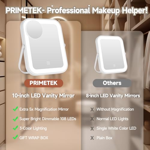 PRIMETEK 10x8 LED Hollywood Makeup Mirror with Gift Box - Portable, 3-Color Lighting, 5X Magnification, Ideal for Vanity and Gifts for Her