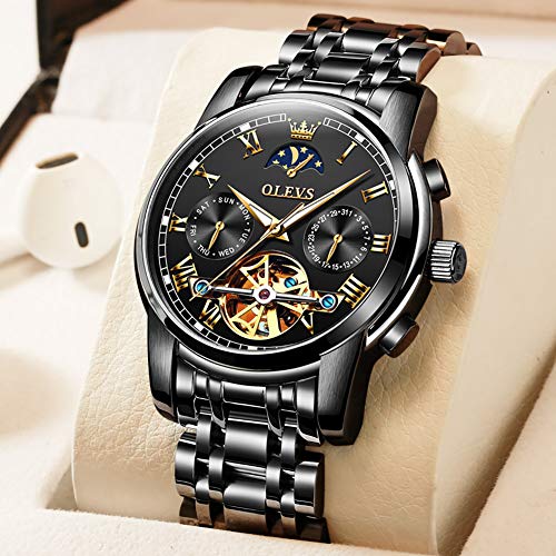 Image of OLEVS Skeleton Watch for Men Stainless Steel Chronograph Watch for Men Classic Waterproof Mens Watches with Date Luxury Business Men's Analog Wrist Watches, relojes para Hombres Blue /Black /Gold /White