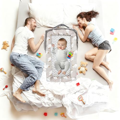 Image of Baby Lounger 0-24 Months,Portable Baby Lounger for Newborn Breathable Cotton for Home and Travel with Strap,Infant Lounger Adjustable Size,Elephant Grey