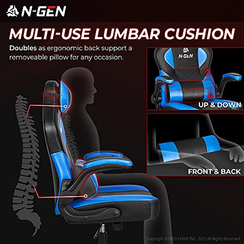 N-Gen Gaming Chair Ergonomic Office Chair Pc Desk Chair With Lumbar Support Flip Up Arms Levelled Seat Style Headrest Pu Leather Executive High Back Computer Chair For Adults Women Men (4. Blue) #TOP3