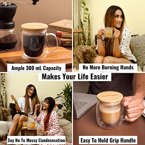 InstaCuppa Double Walled Glass Coffee Mug with Bamboo Lid and Large Handle, Clear Borosilicate Glass Cups for Drinking Tea, Espresso and Hot Beverages, 300 ML, Pack of 2 - Image 6