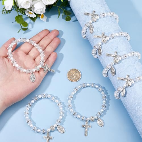 24pcs Beaded Stretch Rosary Bracelet Rosary Bead Bracelet with Mesh Bags Baptism Communion Shell Bracelets Seashell Color Catholic Bracelets with Crucifix for Women3