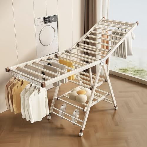 QD-BYM 物干しスタンド 物干しラック 折り畳み式 組み立て不要 キャスター付き 三段 幅180cm 平干しも可能 ワイドタイプ バタフライ 白 室内 屋外 コンパクト 洗濯物干し 物干しスタンド